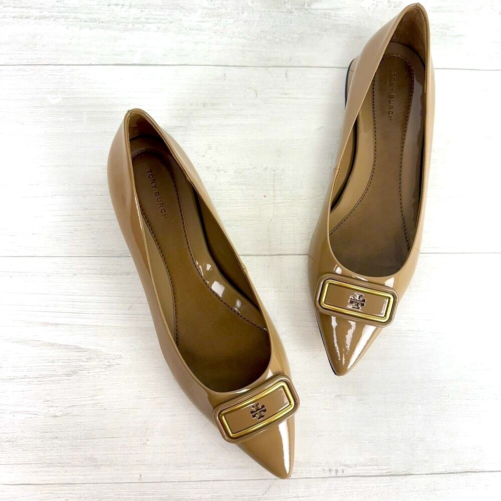 Tory Burch Tan Patent Pointed-Toe Flats with Gold Logo Buckle